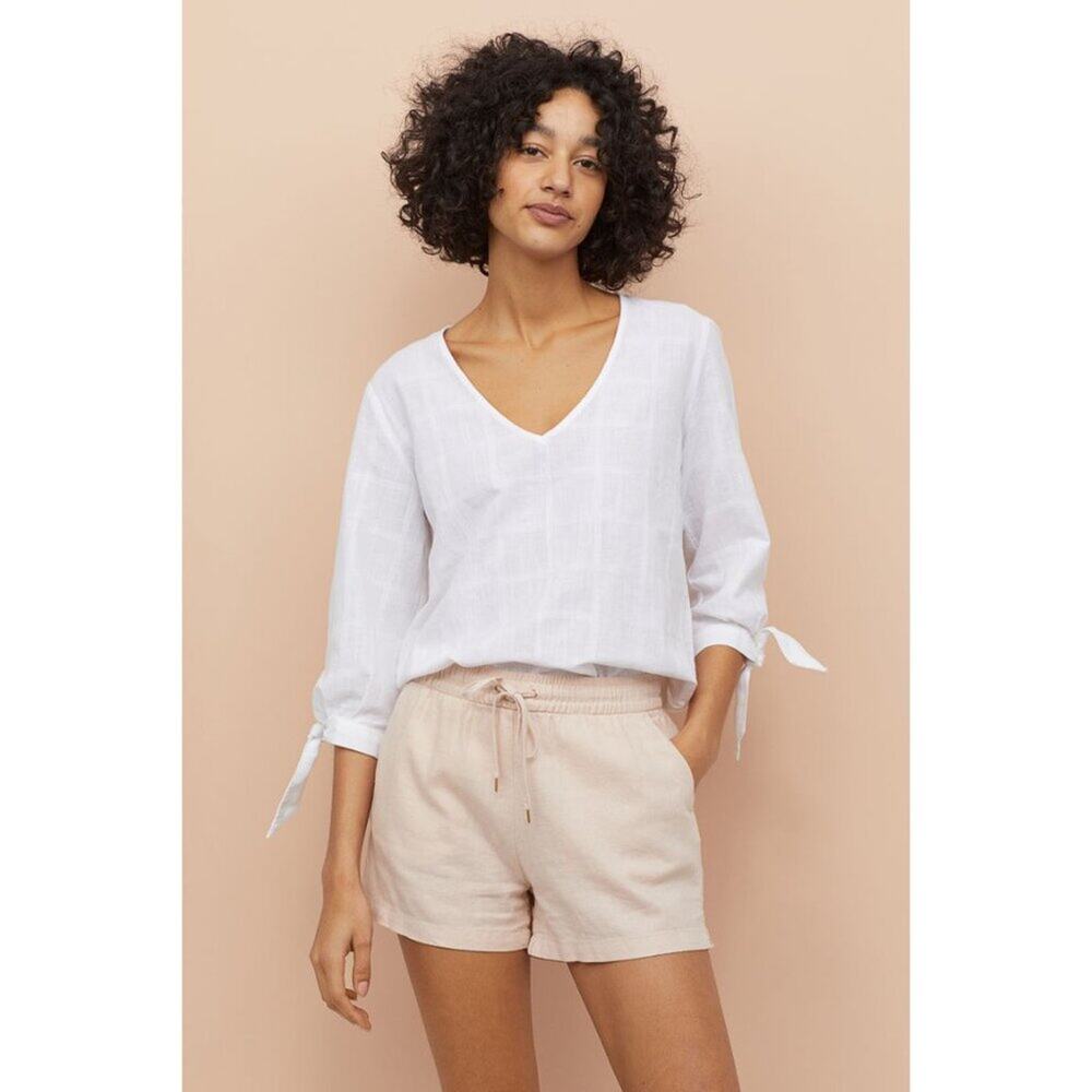 H&M Linen-blend Drawstring Shorts Light Powder Pink